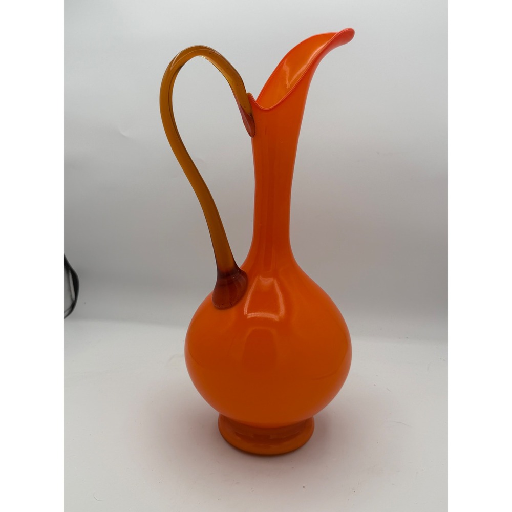 Vintage 14" MCM Italian Empoli Orange Cased Glass Ewer Pitcher Vase Amber Handle